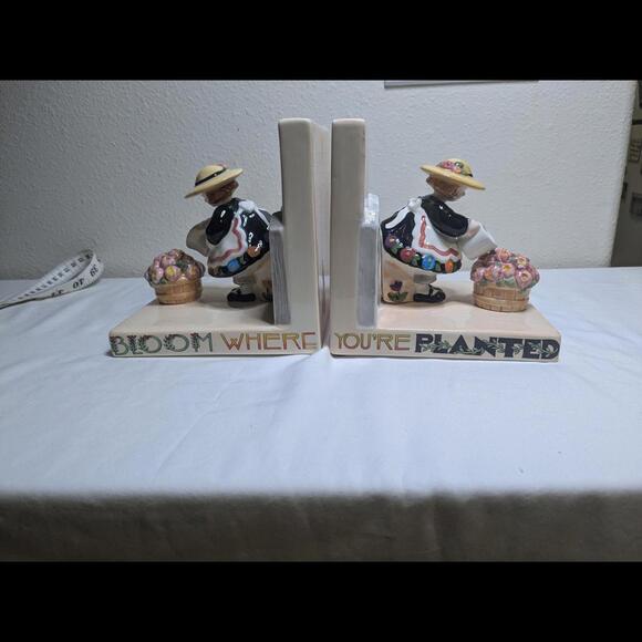Mary Engelbreit Cute Vintage Ceramic Bookends - Flower Market Scene EUC - Picture 1 of 9